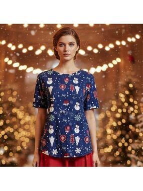 Liz & Lilli Women's Medium Blue Christmas Snowman Print Short Sleeve Top NWT